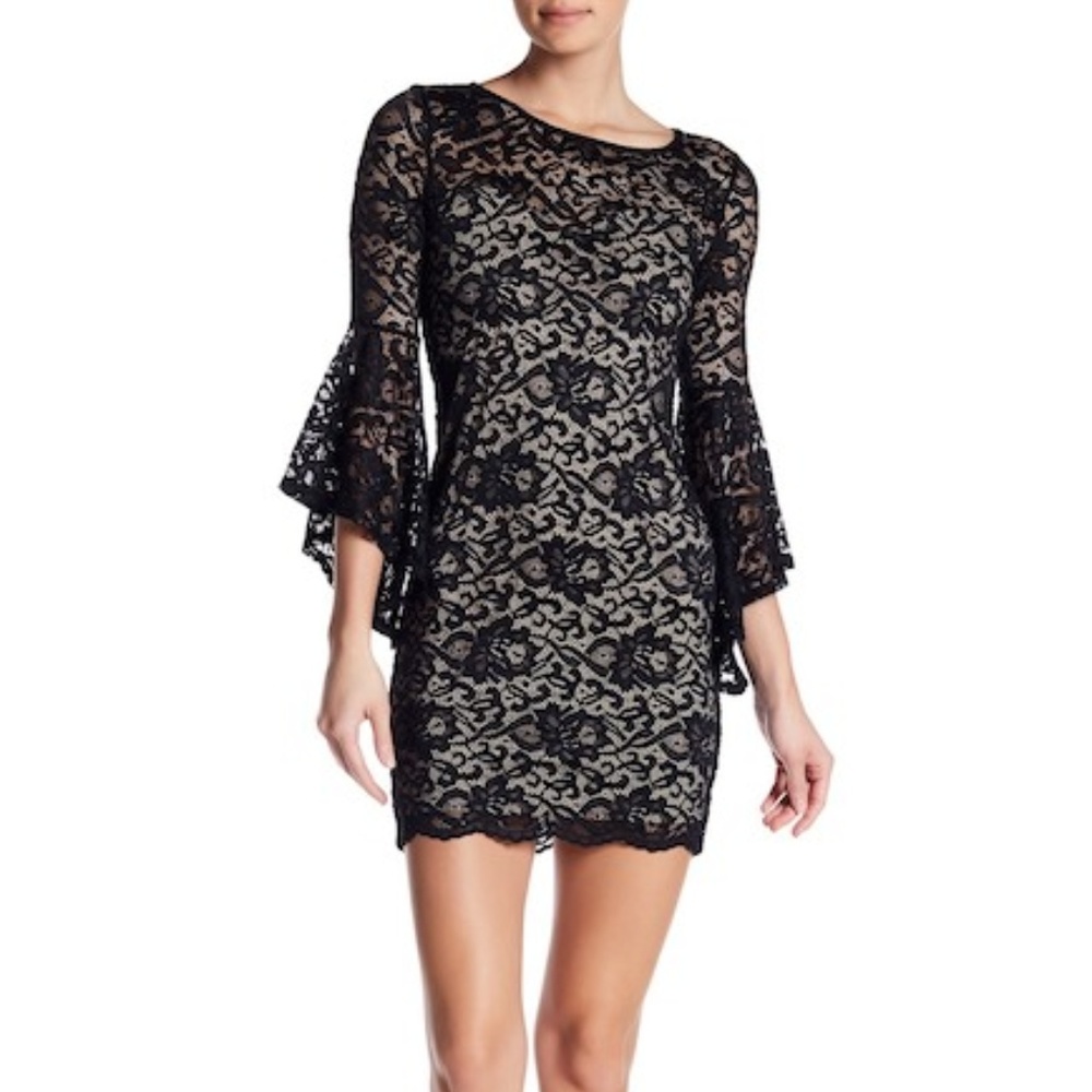 JUST FOR WRAPS Bell Sleeve Lace Mini Dress